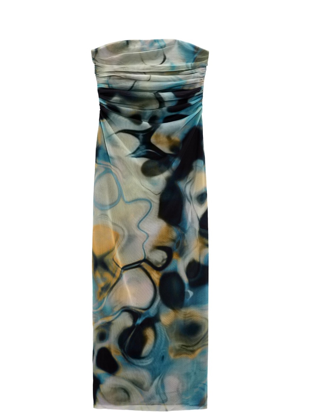 Zara Abstract Print Strapless Ruched Midi Dress Medium